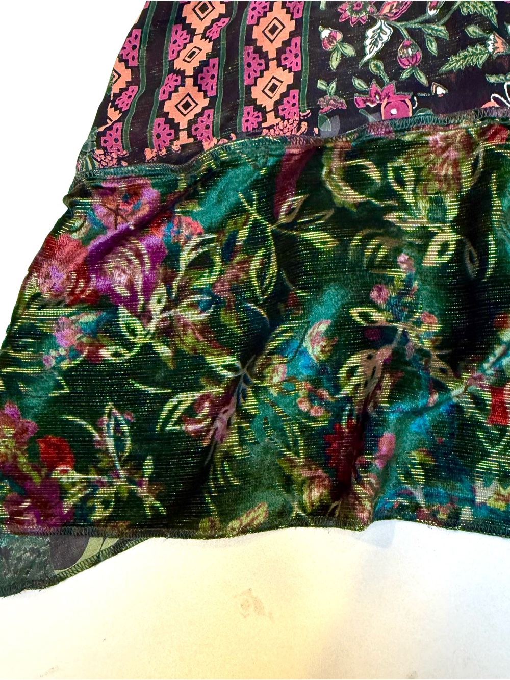 Patchwork Velvet Button-Front Blouse - Green Multi - Picture 5 of 14